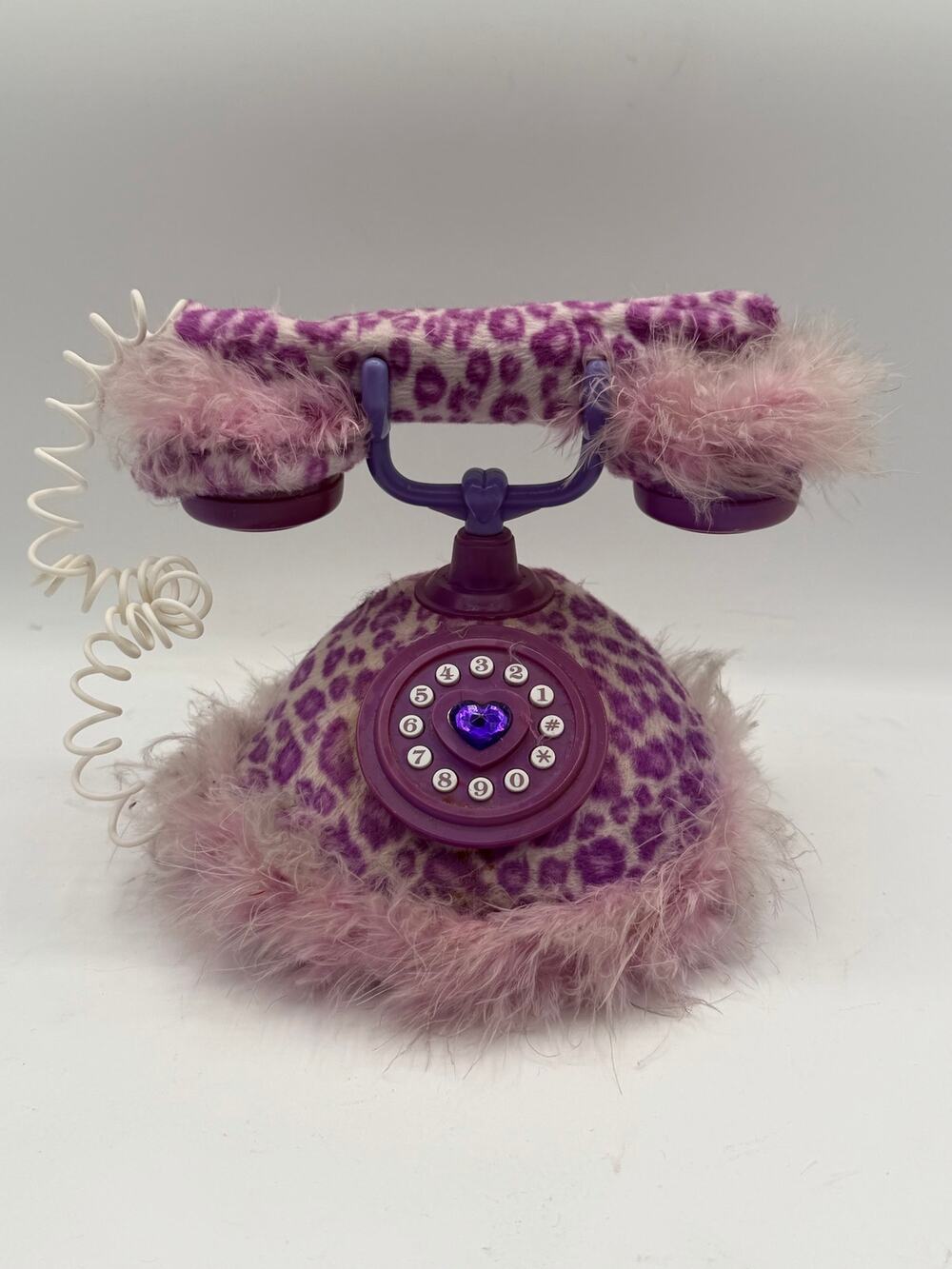 Vintage Y2K Purple Leopard Print & Feather Trim Novelty Telephone - Untested